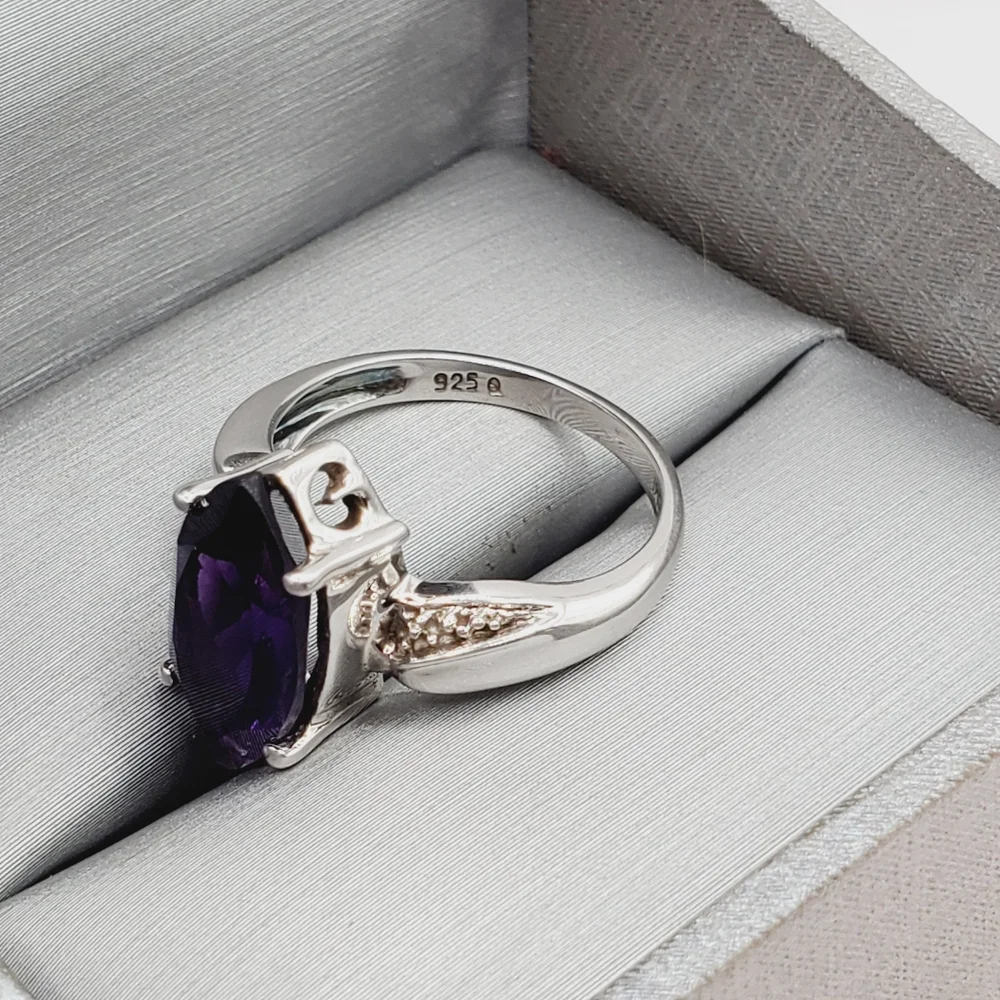 Genuine Marquise Purple Amethyst 925 Sterling Silver Vintage Ring